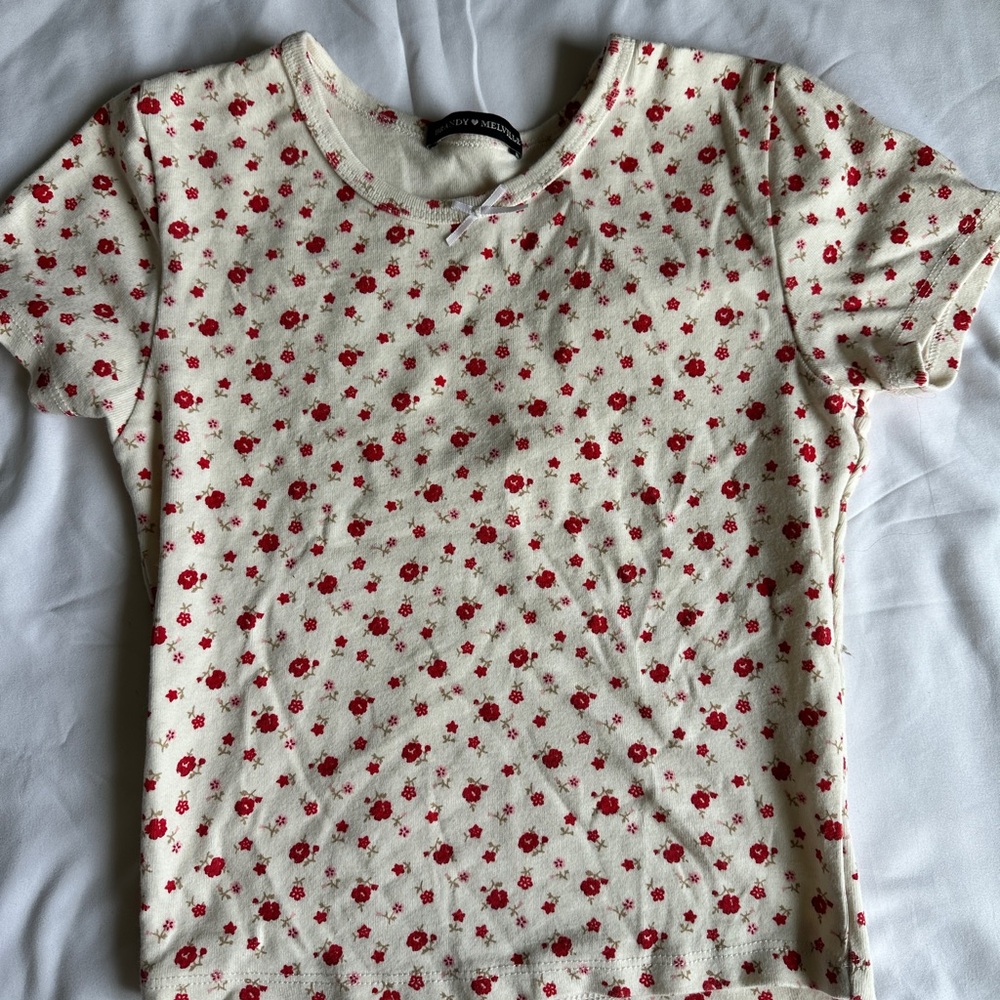 Brandy Melville Cream and Red Floral Short Sleeve Tee
